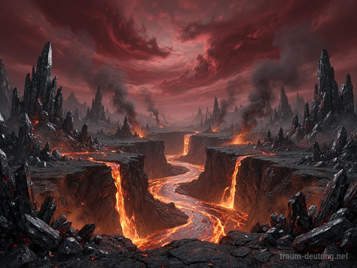 Traumdeutung Hölle: Eine trostlose, höllische Landschaft mit zackigen Obsidianfelsen unter einem wirbelnden, karmesinroten Himmel, durchzogen von glühender Lava und aufsteigendem Rauch.