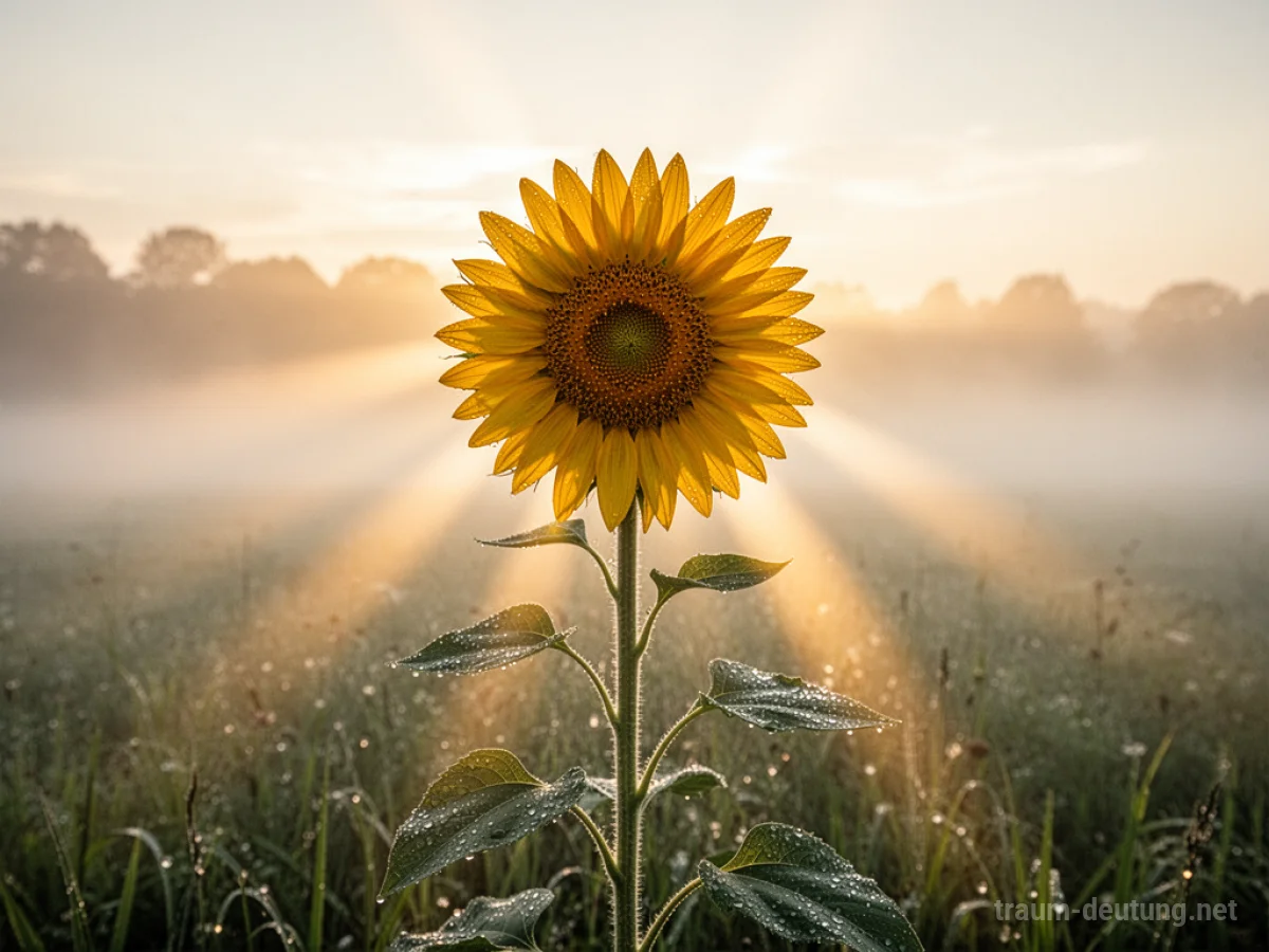 Traumsymbol Hoffnung: Eine einzelne, strahlende Sonnenblume steht im Morgendunst eines Feldes, beleuchtet von goldenen Sonnenstrahlen, die durch den Nebel brechen.