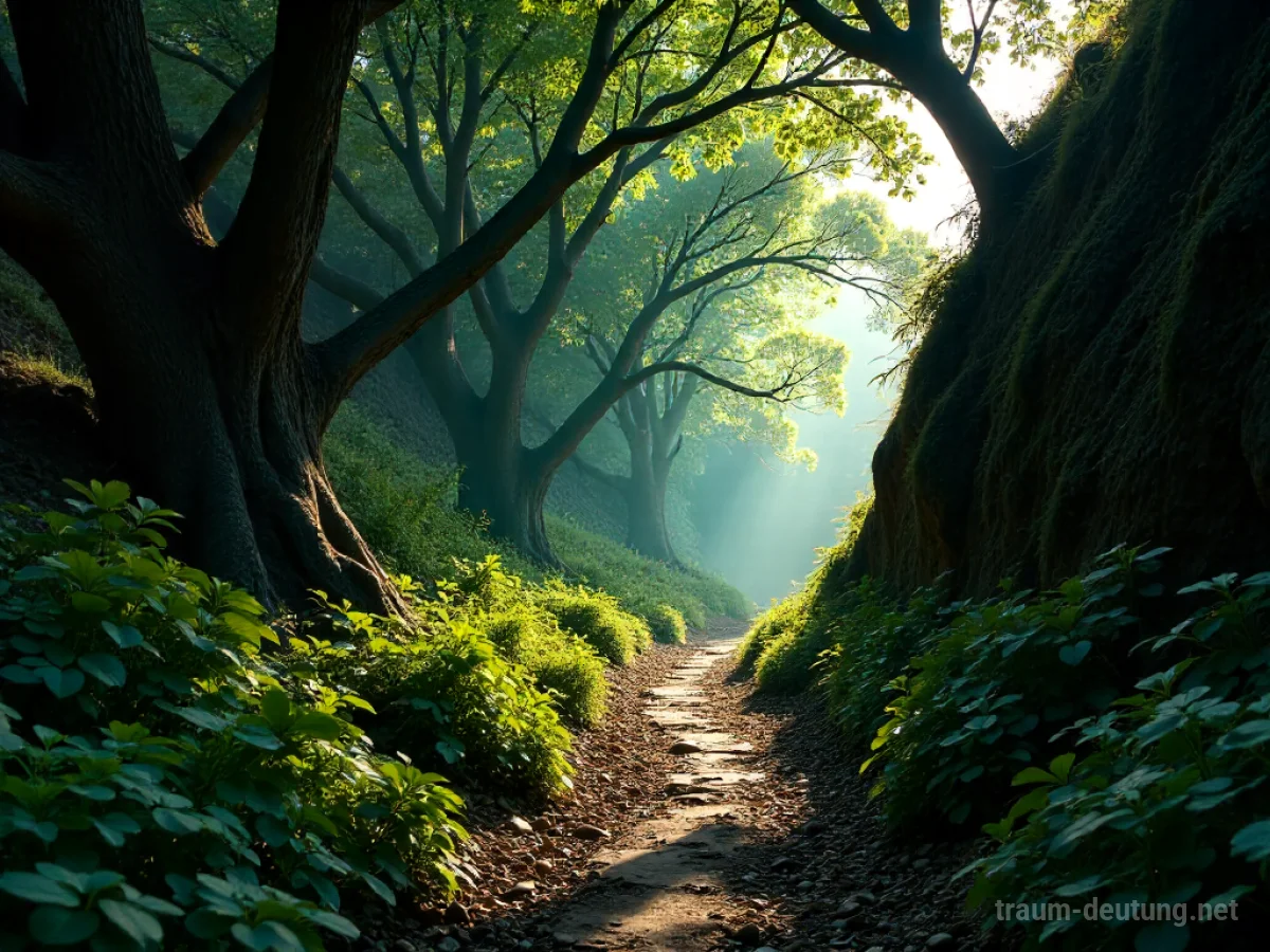 Traumsymbol Hohlweg: Ein schmaler, von hohen Bäumen beschatteter Weg führt in die Ferne, durch den nur wenig Sonnenlicht fällt.