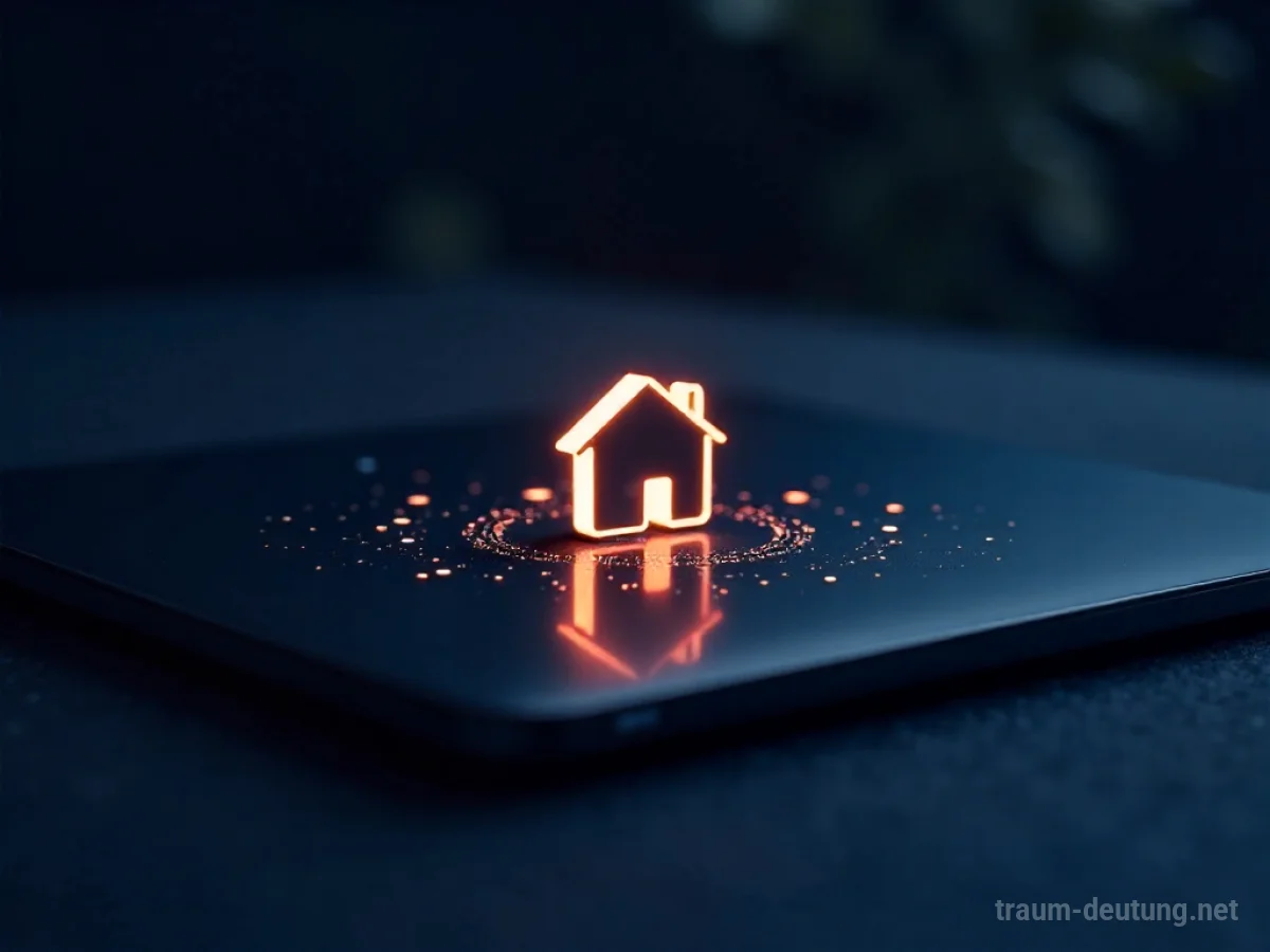 Traumsymbol Homepage: Eine digitale Benutzeroberfläche mit einem stilisierten Haus-Icon leuchtet sanft in einem abstrakten, dunklen Raum.