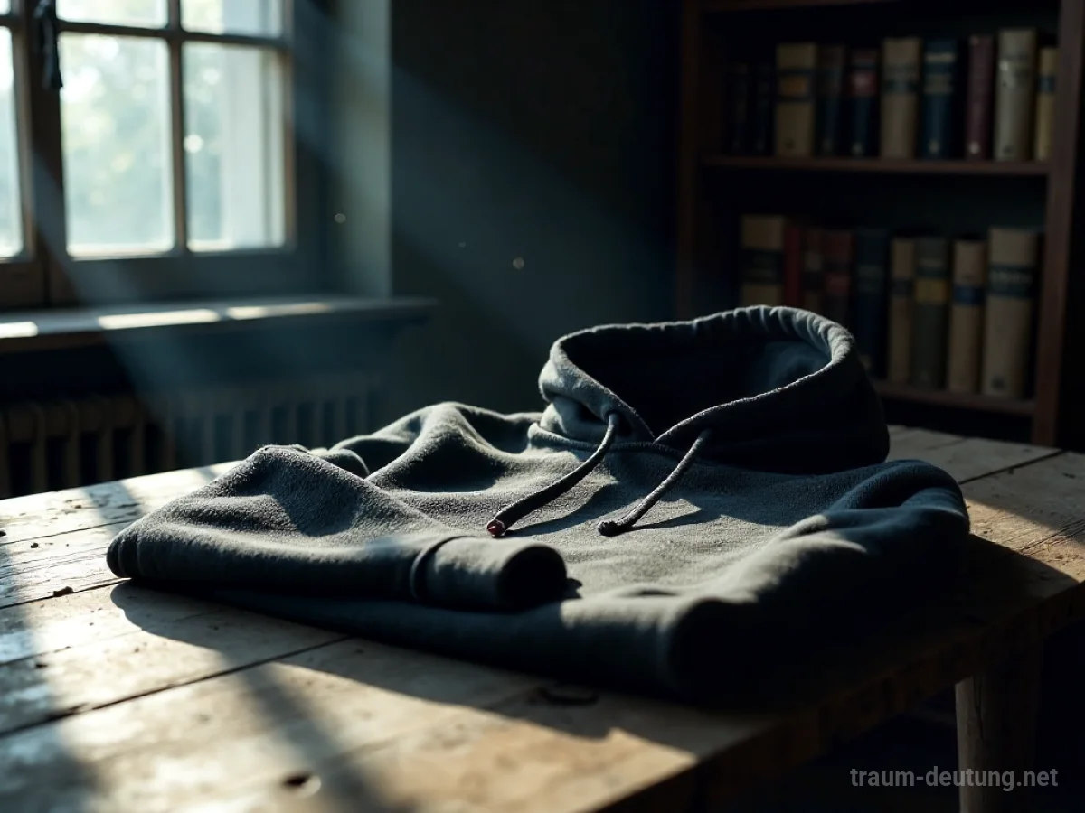 Traumsymbol Hoodie: Ein dunkler grauer Hoodie liegt auf einem Holztisch, beleuchtet von sanftem Mondlicht in einem gemütlichen Raum.