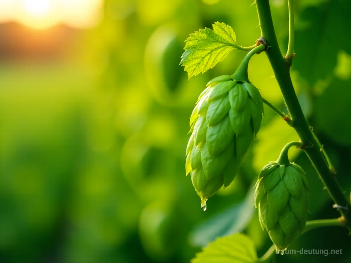 Traumsymbol Hopfen: Frische, grüne Hopfenkegel mit sichtbaren Lupulin-Drüsen winden sich an einer rauen Ranke durch ein sonnenbeschienenes Feld.
