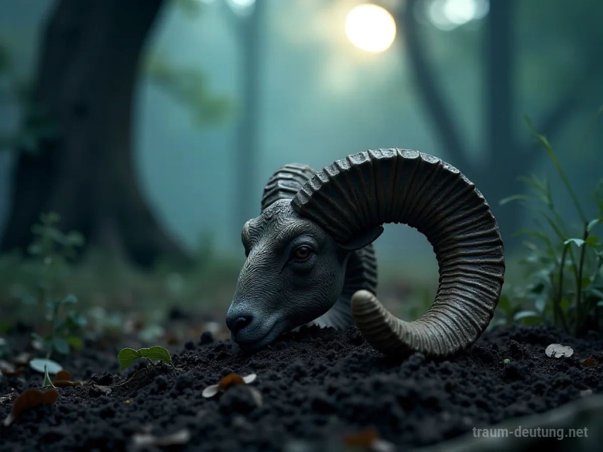 Traumsymbol Horn: Ein detailreiches Widderhorn liegt auf dunkler Erde, beleuchtet von mystischem Mondlicht in einem nebligen Wald.