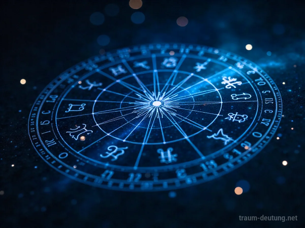 Traumsymbol Horoskop: Ein komplexes astrologisches Horoskop leuchtet auf einem dunklen, nebelartigen Nachthimmel mit funkelnden Sternen.