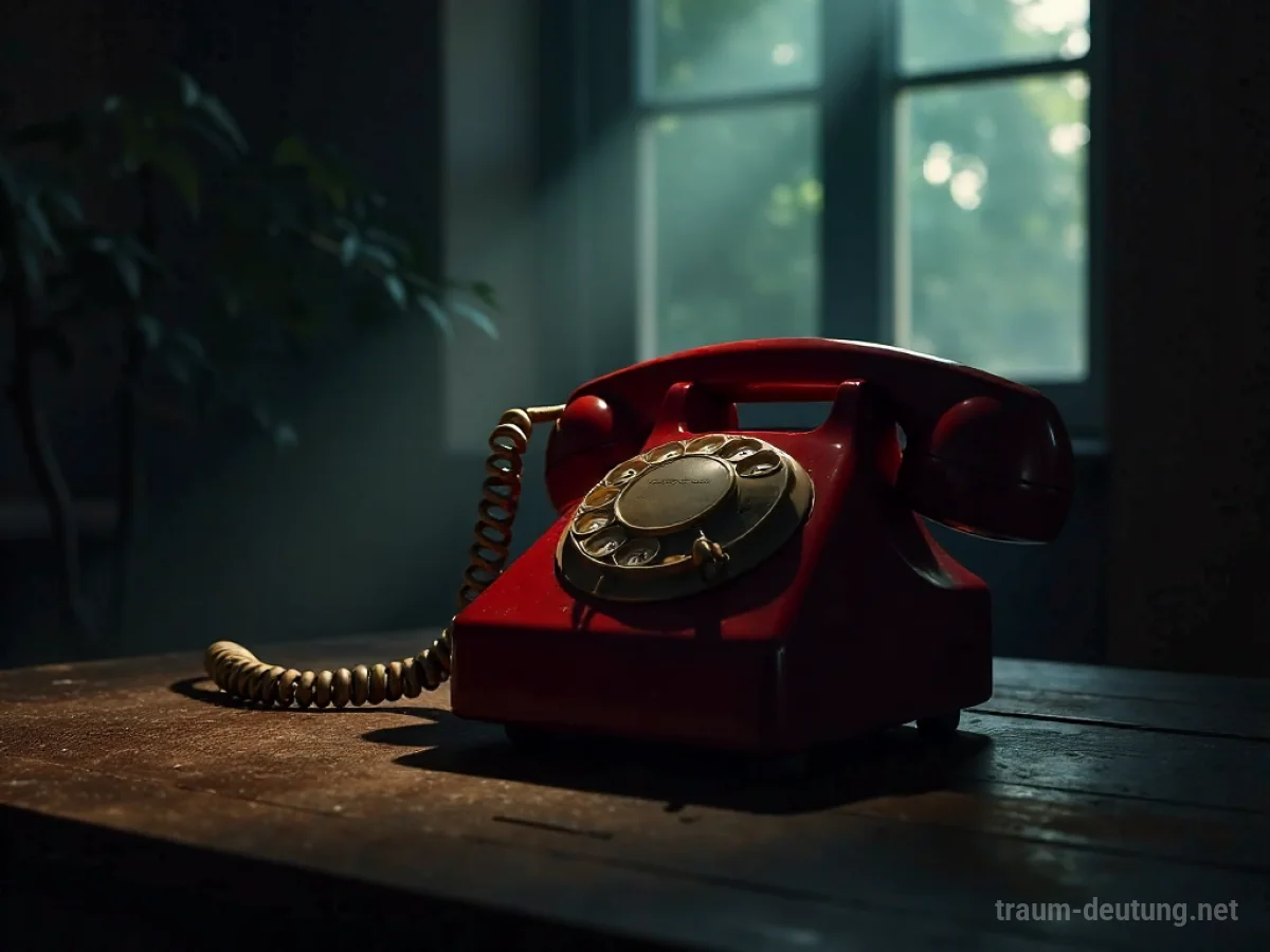 Traumsymbol Hotline: Ein rotes Wählscheibentelefon steht einsam auf einem dunklen Schreibtisch, beleuchtet von einem einzelnen Mondstrahl.