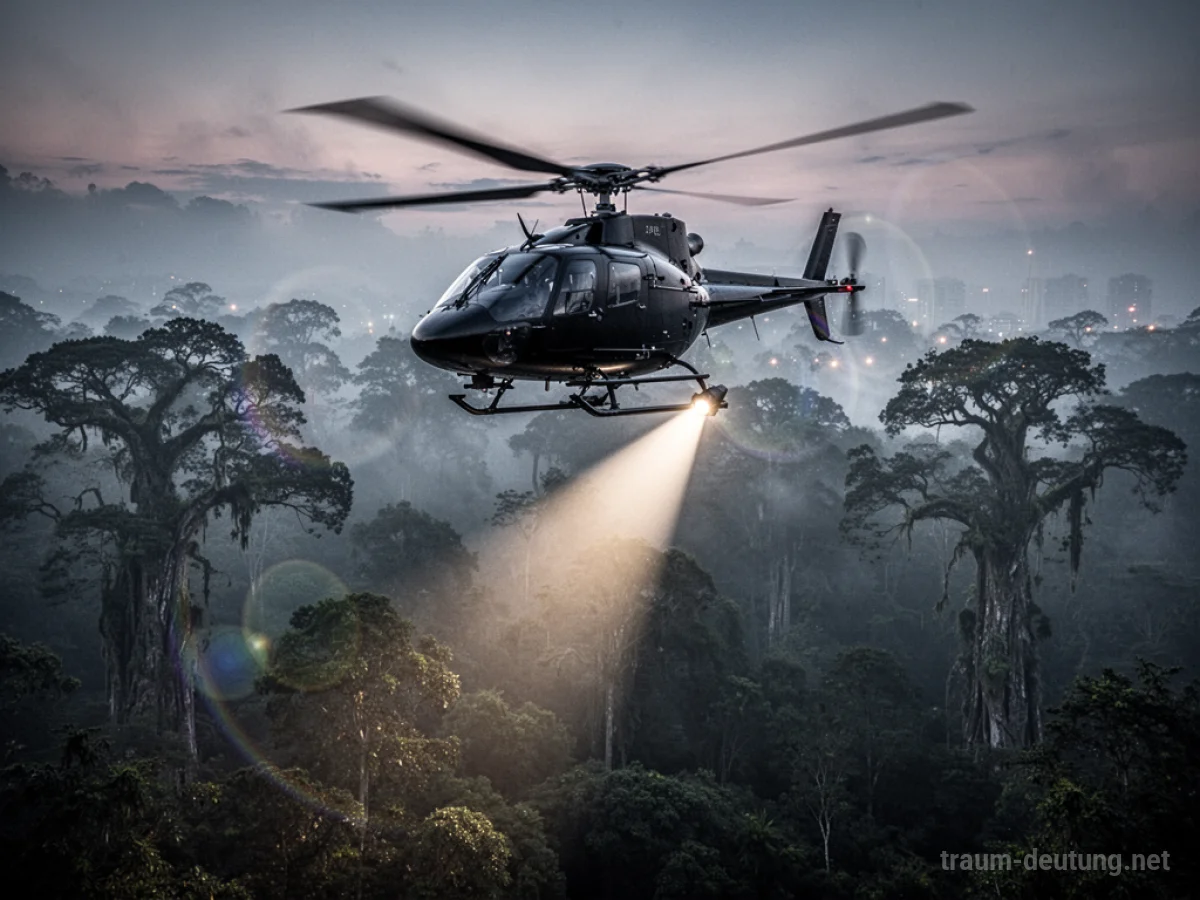 Traumdeutung Hubschrauber: Ein moderner schwarzer Hubschrauber schwebt über einem nebelverhangenen Wald bei Dämmerung, sein Scheinwerfer durchschneidet den Nebel.