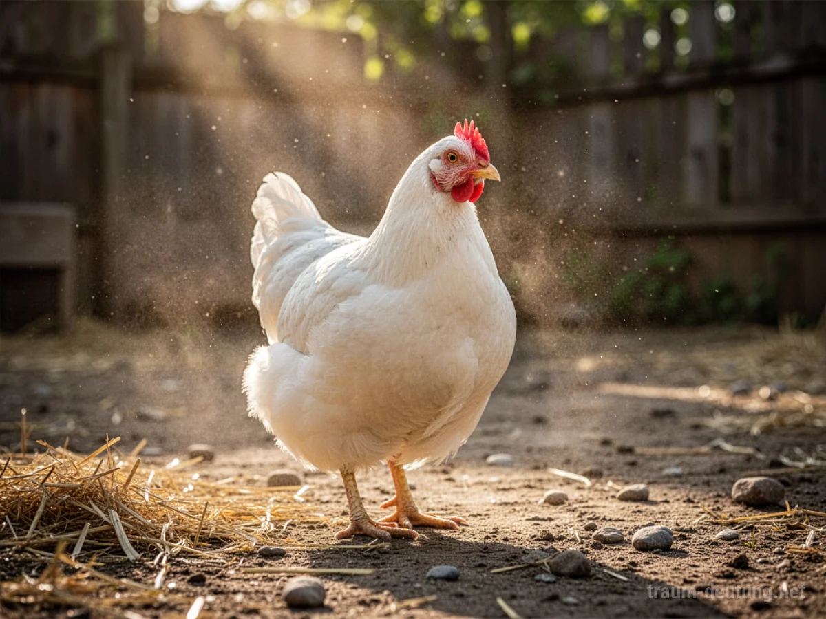 Traumsymbol Huhn: Ein weißes Huhn steht auf einem sonnenbeschienenen Bauernhof, umgeben von Stroh und Staubpartikeln im warmen Tageslicht.