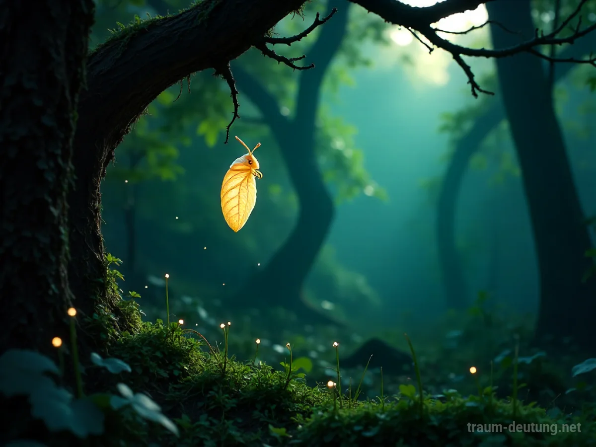 Traumsymbol Hülle: Eine durchscheinende, schimmernde Hülle hängt im Mondlicht in einem alten Wald, umgeben von leuchtenden Sporen.