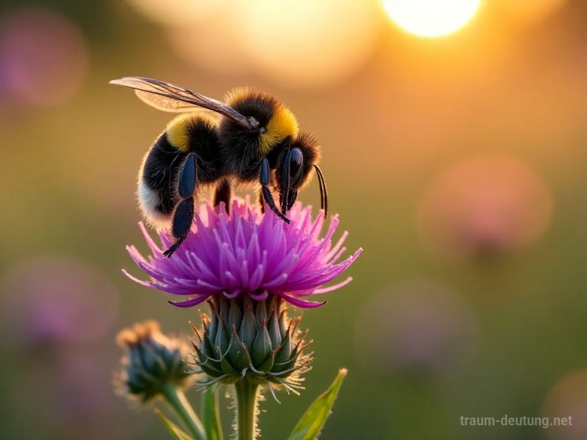 Traumsymbol Hummel: Eine detaillierte Hummel ruht auf einer blühenden Distel in einer sonnenbeschienenen Wiese mit glitzernden Tautropfen.