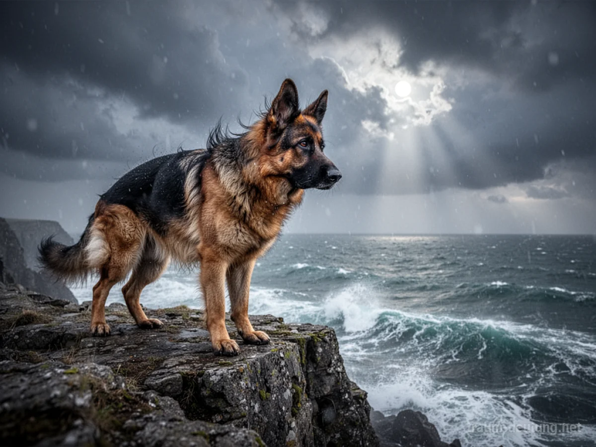 Traumdeutung Hund: Ein wachsamer Deutscher Schäferhund steht auf einer felsigen Klippe vor einem stürmischen Meer unter Mondlicht.