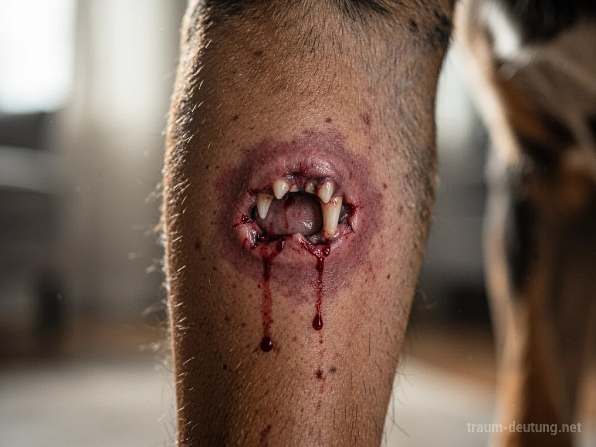 Traumdeutung Hundebiss: Deutliche Bissspur eines Hundes auf menschlicher Haut, leicht gerötet und geschwollen, mit feinen Blutstropfen, im diffusen Licht eines Innenraums.