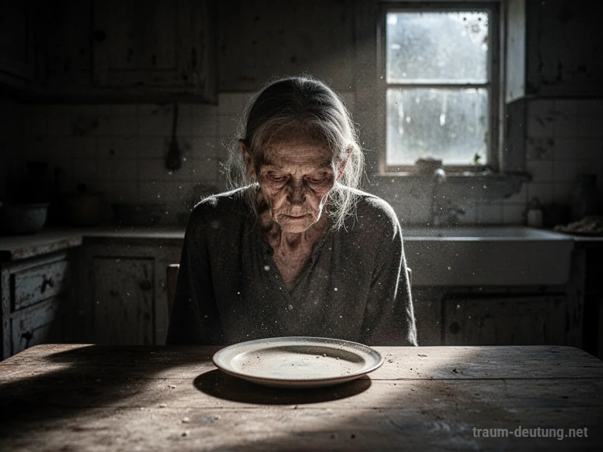 Traumsymbol Hunger: Eine einsame, gebeugte Person sitzt an einem leeren Holztisch in einem spärlich beleuchteten Raum, ein einzelner, leerer Teller vor sich, im Schein des Mondlichts.