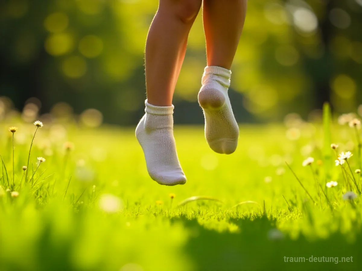 Traumsymbol Hüpfen: Beine in weichen Socken hüpfen fröhlich auf einer sonnenbeschienenen Wiese voller Blumen.