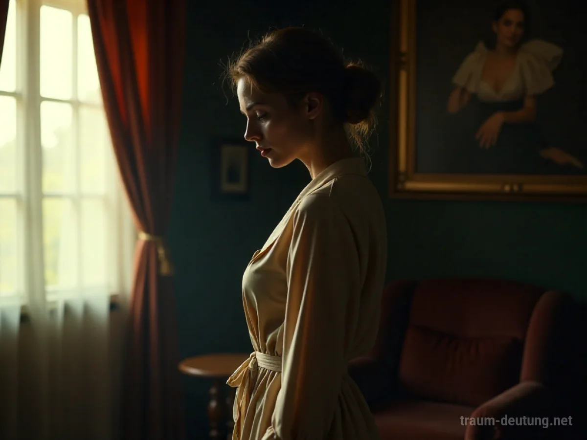 Traumdeutung Hure: Eine Frau in einem opulenten Boudoir mit einem Seidenkimono, im spärlichen Licht stehend, mit nachdenklichem Blick.