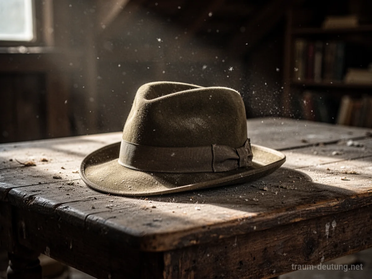 Traumsymbol Hut: Ein alter, abgenutzter Fedora-Hut liegt auf einem staubigen Holztisch im sanften Licht eines Fensters.
