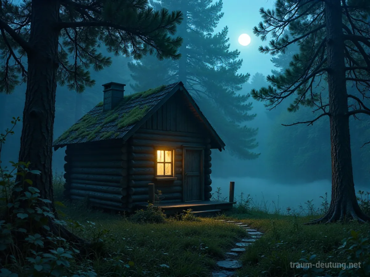 Traumsymbol Hütte: Eine kleine, rustikale Holzhütte steht einsam in einer mondbeschienenen Waldlichtung, ein warmes Licht scheint aus dem Fenster.