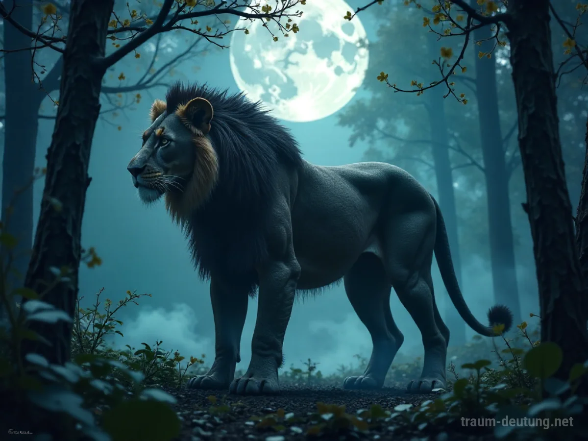 Traumsymbol Hybrid: Eine mysteriöse Hybridkreatur mit Löwenkopf und Schlangenkörper steht in einem nebligen Wald im Mondlicht, die Fell- und Schuppentexturen sind detailliert. Traumdeutung.