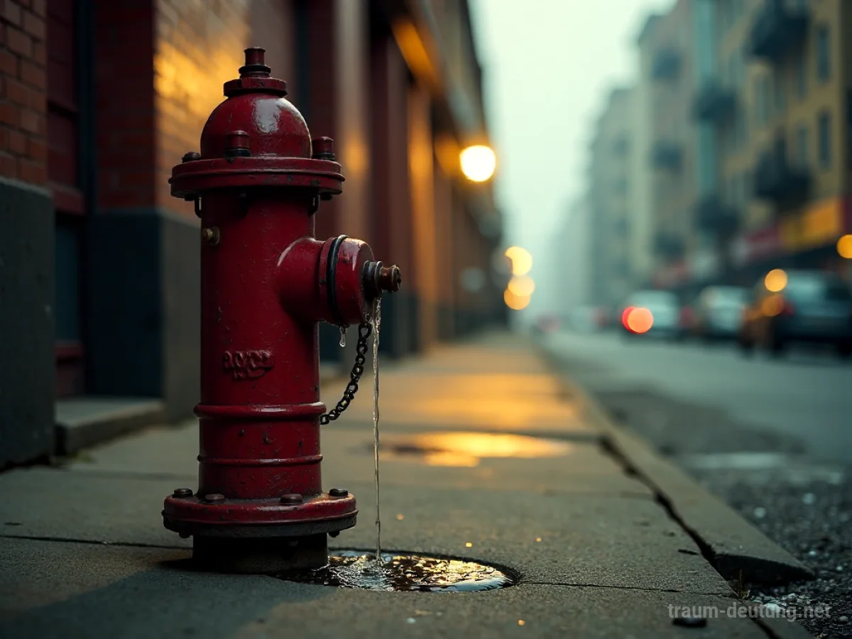 Traumsymbol Hydrant: Ein roter Hydrant steht auf einem rissigen Bürgersteig, aus dessen Düse Wasser tropft, beleuchtet von einer einzelnen Straßenlaterne im urbanen Nebel.
