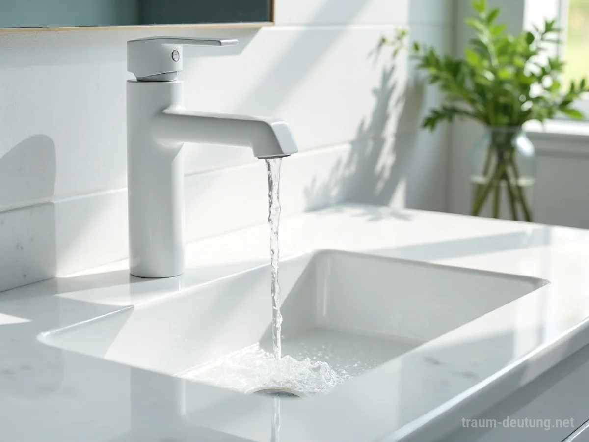 Traumdeutung Hygiene: Klares Wasser fließt aus einem makellosen Porzellan-Wasserhahn in ein glänzendes Waschbecken.