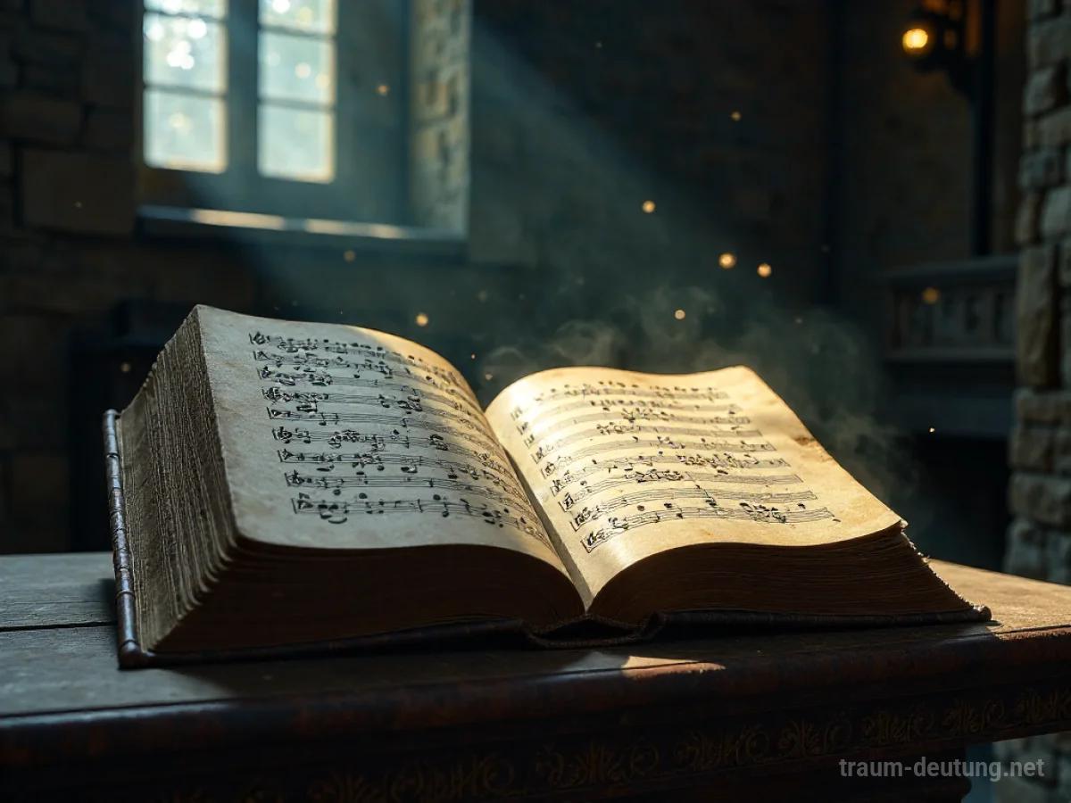 Traumsymbol Hymne: Ein aufgeschlagenes, altes Hymnenbuch mit goldenen Verzierungen liegt auf einem Holzlaster im Schein des Mondlichts.