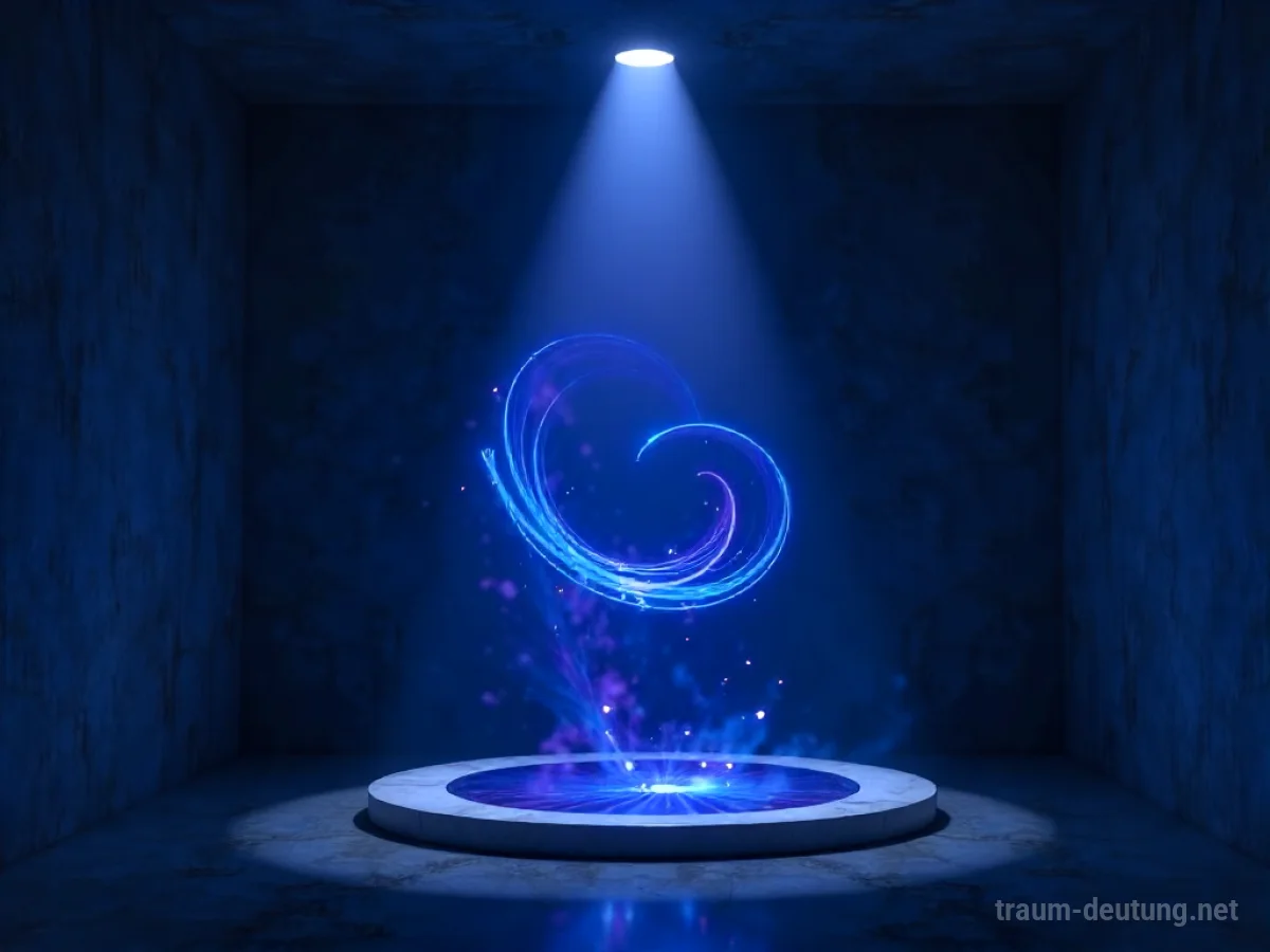 Traumsymbol Hypnose: Ein dunkler Raum mit einem sanften Scheinwerfer, der einen wirbelnden Strudel aus tiefen Blau- und Violetttönen beleuchtet, der das Unterbewusstsein repräsentiert.