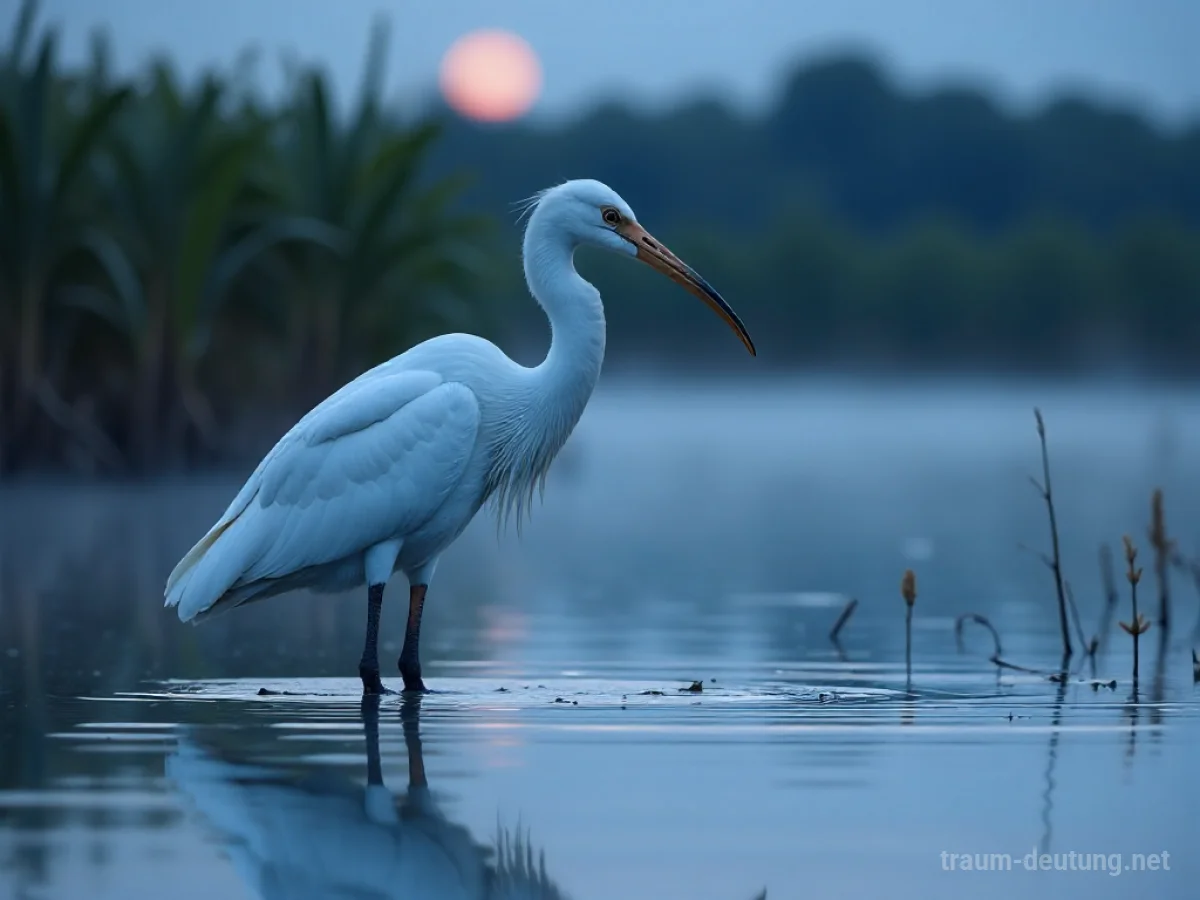 Traumsymbol Ibis: Ein majestätischer weißer Ibis steht in flachem Wasser unter einem klaren Dämmerungshimmel, mit subtilem Nebel und Mondlicht.
