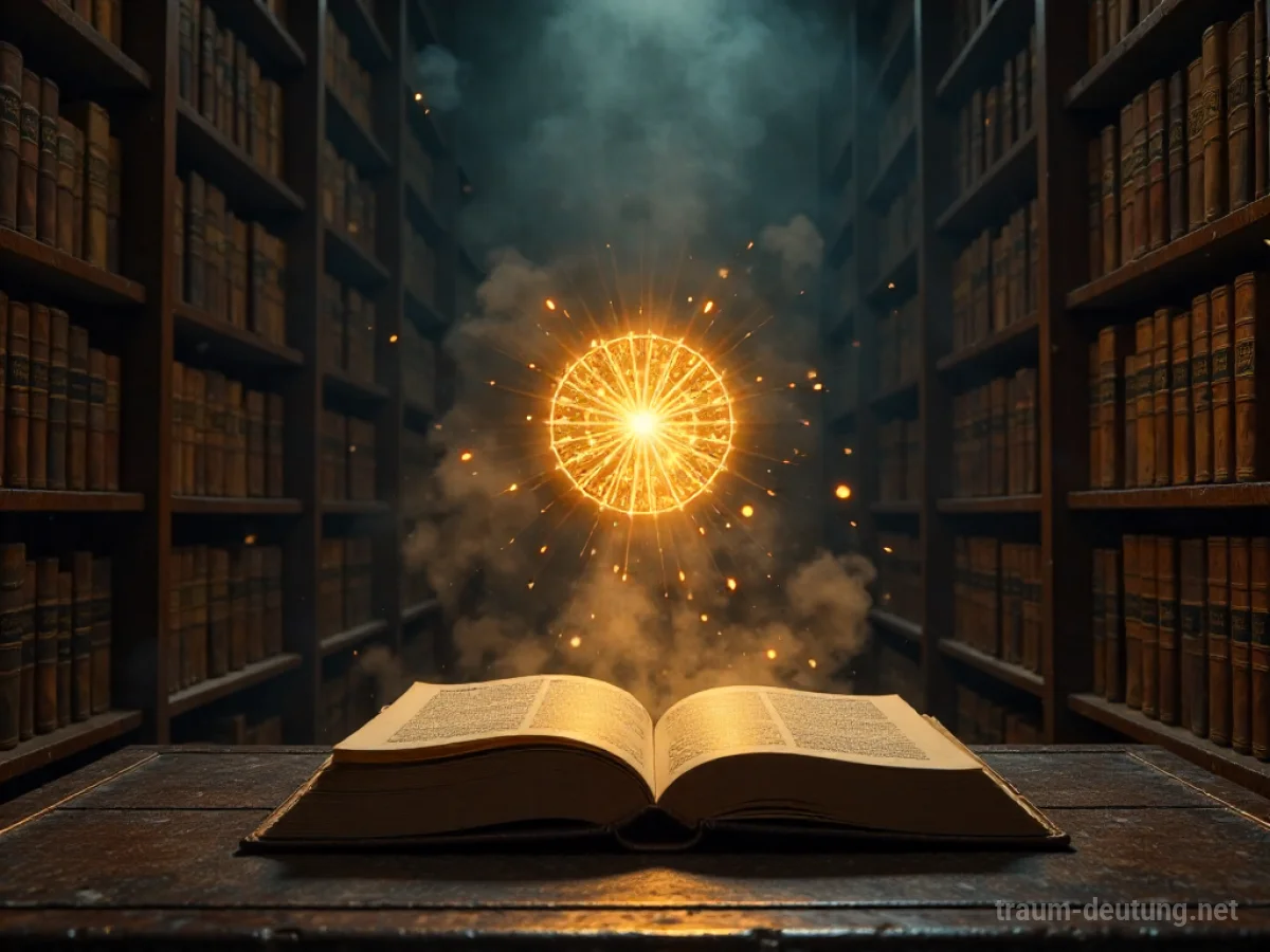 Traumdeutung Icon: Ein leuchtendes, ätherisches Icon schwebt in einer staubigen, alten Bibliothek, umgeben von alten Büchern, im sanften Schein eines goldenen Lichts.