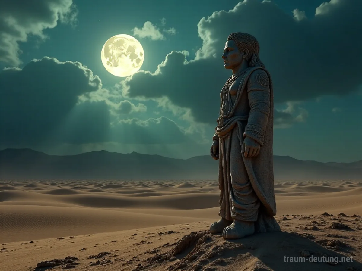 Traumsymbol Idol: Eine verwitterte Steinstatue eines Idols steht einsam in einer weiten Wüstenlandschaft unter einem mystischen Mondlicht, mit tiefen Schatten.
