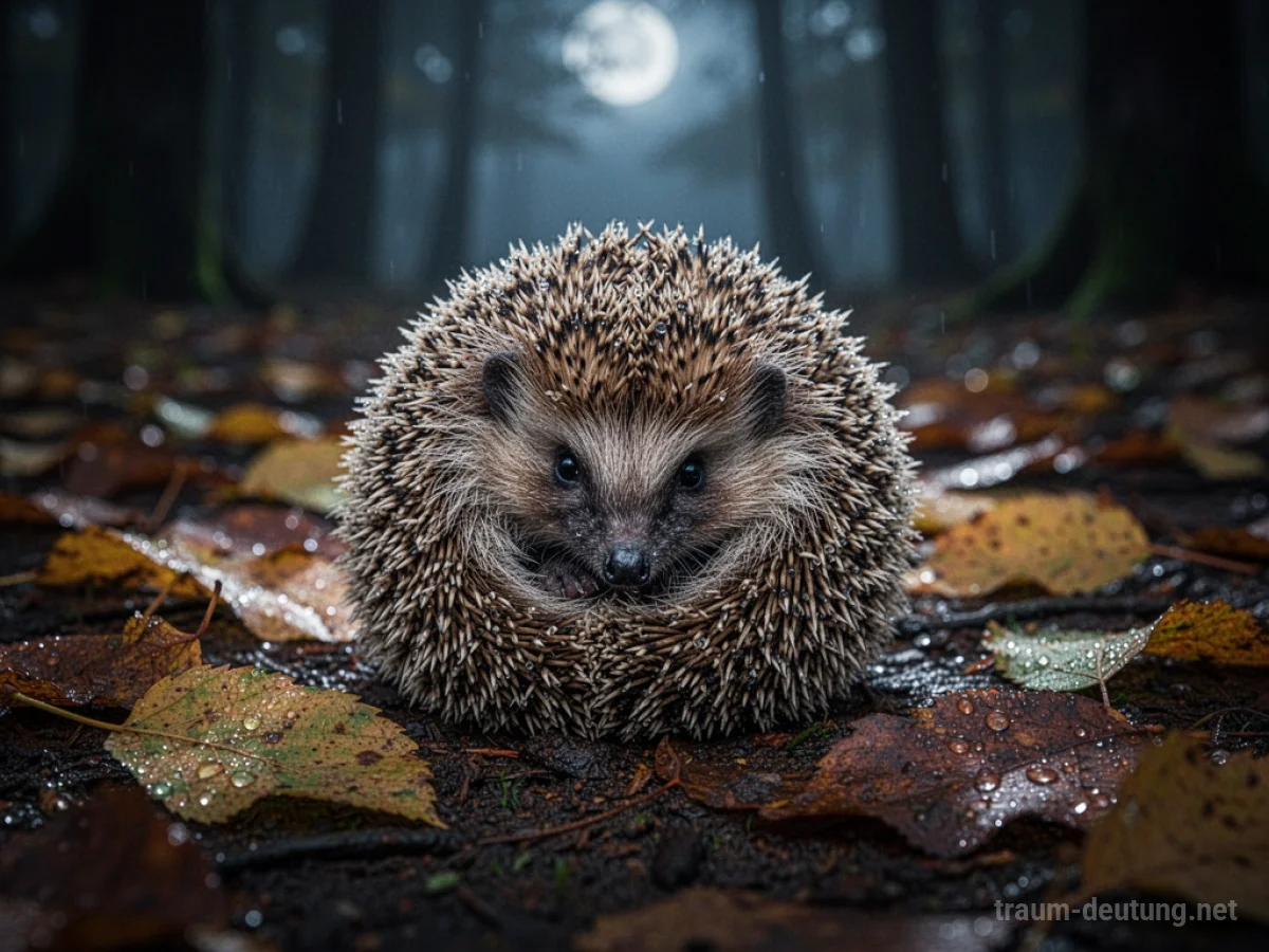 Traumsymbol Igel: Ein kleiner, igeliger Igel ist zu einer schützenden Kugel zusammengerollt auf feuchtem Waldboden mit Herbstlaub.