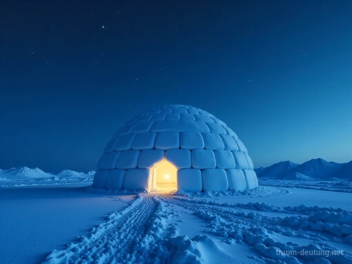 Traumsymbol Iglu: Ein detailreiches Iglu aus Eisblöcken steht in einer einsamen, schneebedeckten arktischen Landschaft unter klarem Sternenhimmel, beleuchtet von Mondlicht.