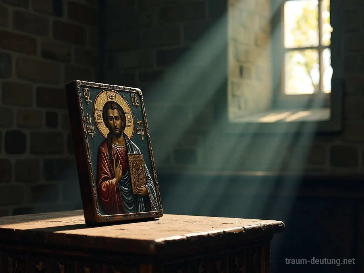 Traumdeutung Ikone: Eine alte, kunstvoll verzierte byzantinische Ikone mit Heiligenschein steht auf einem dunklen Holzaltar in einer steindunklen Kirche, beleuchtet von sanftem Sonnenlicht.