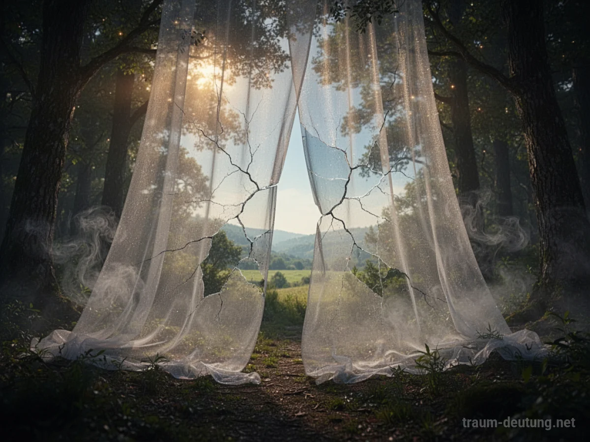 Traumsymbol Illusion: Ein schimmernder, ätherischer Schleier hängt in einem unheimlichen, nebligen Wald, durch den die Sonne scheint.