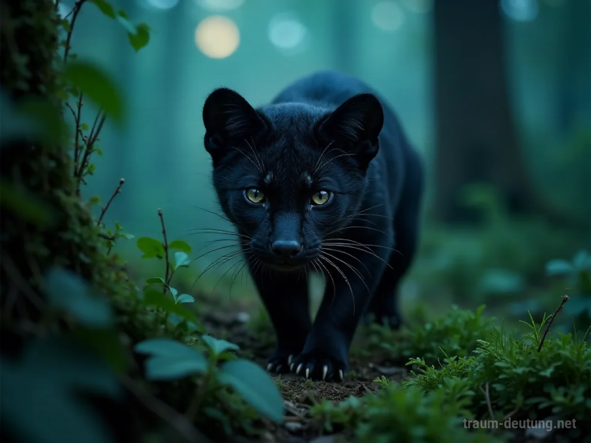 Traumsymbol Iltis: Ein dunkler Iltis mit wachen Augen tritt aus einem mondbeschienenen Wald auf moosigem Boden hervor, umgeben von geheimnisvoller Atmosphäre.
