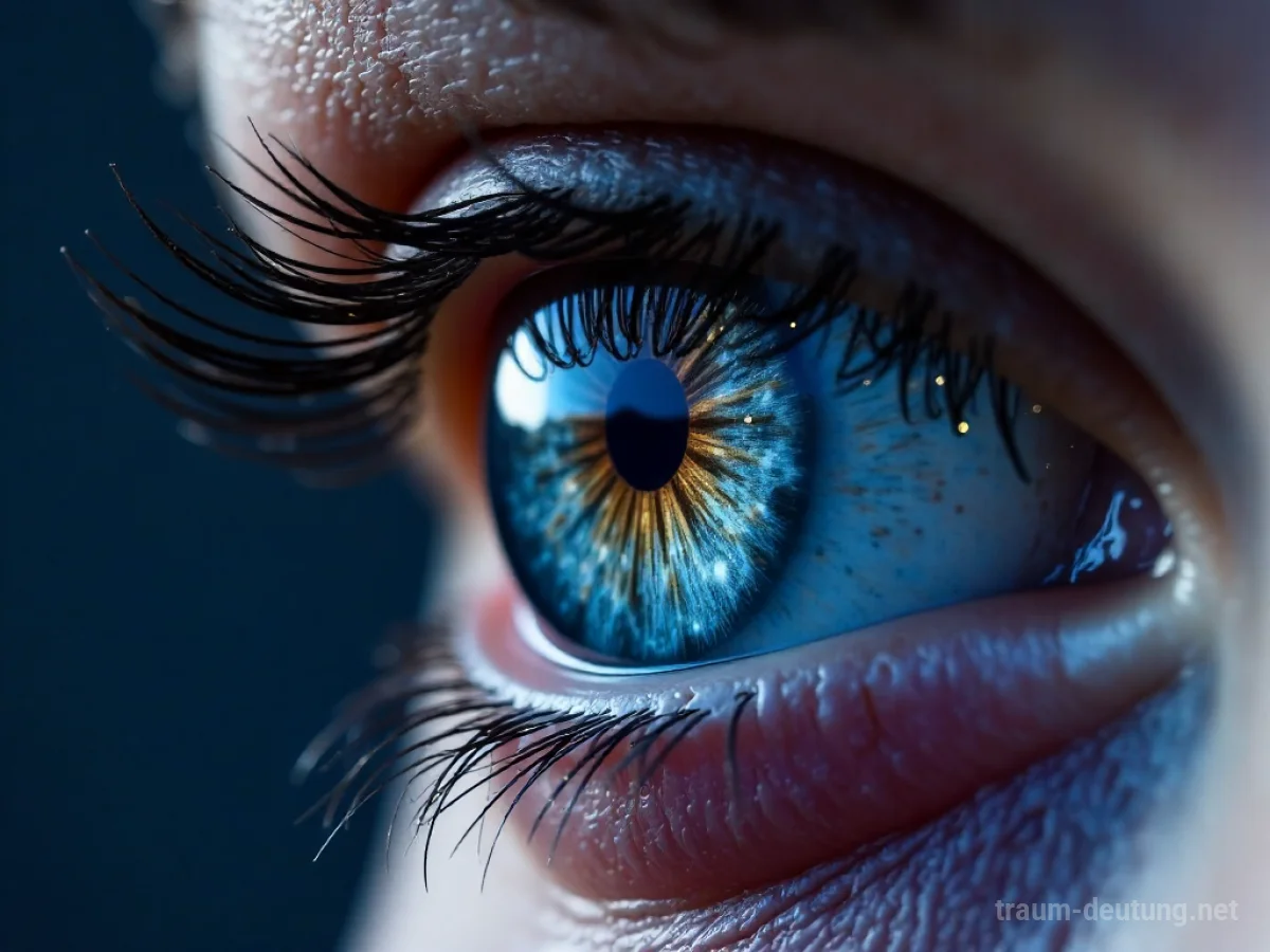 Traumdeutung Image: Ein menschliches Auge, das ein kosmisches Nebelfeld mit Sternen reflektiert, im sanften Mondlicht.