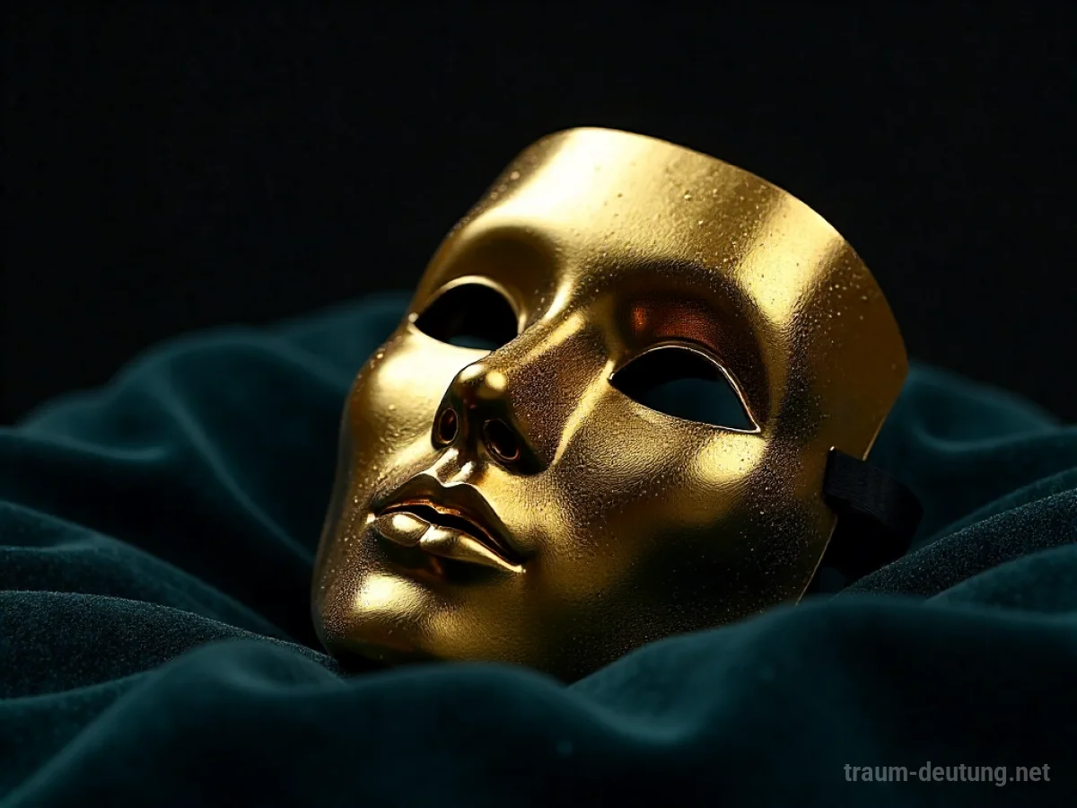 Traumsymbol Imitat: Eine goldene Maske liegt leicht schief auf einem dunklen Samtkissen, im Scheinwerferlicht, das subtile Verzerrungen zeigt.