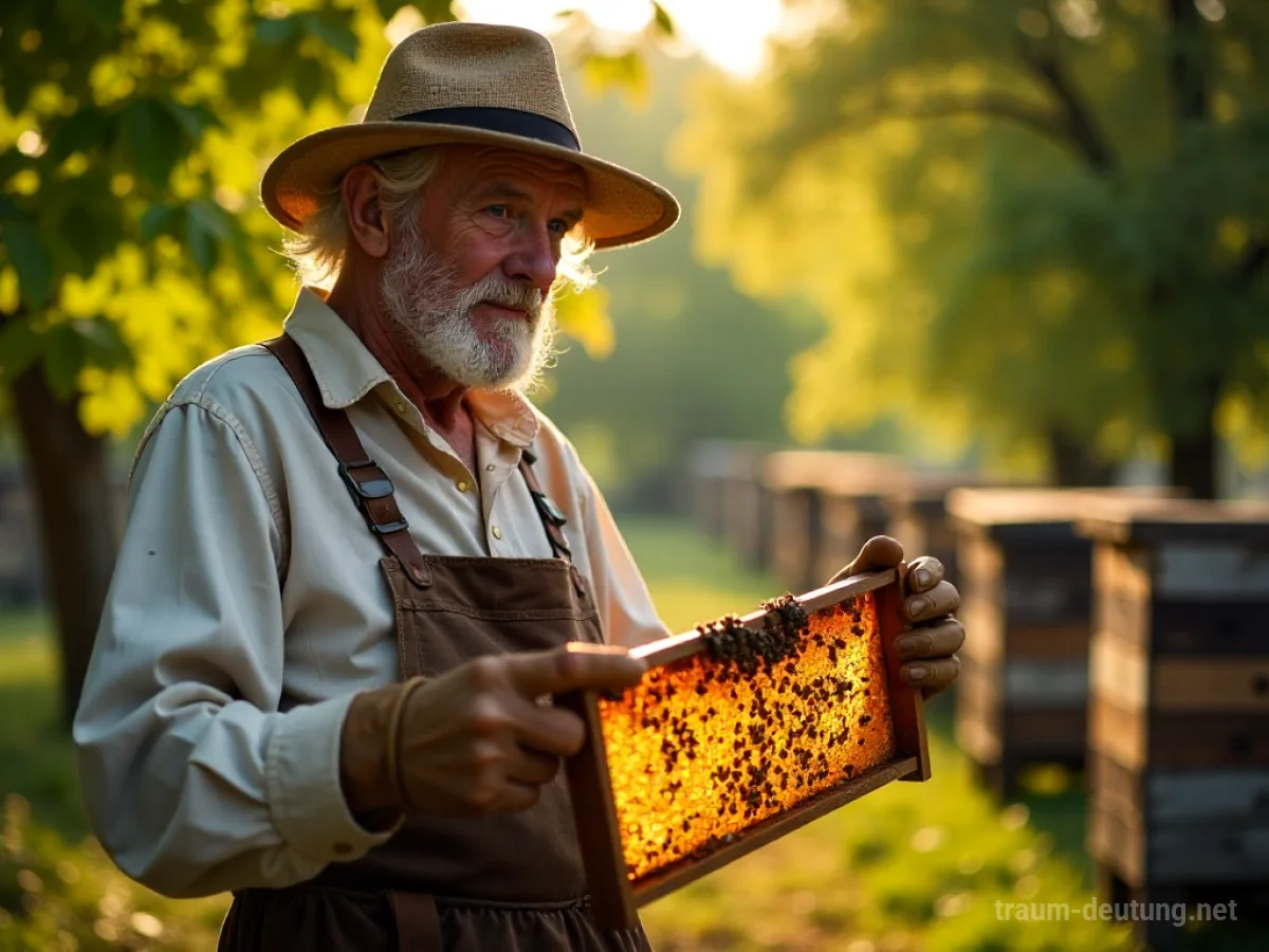 Traumdeutung Imker: Ein älterer Imker in Schutzkleidung hält einen Wabenrahmen voller Bienen in sonnenbeschienenem Bienenstock.