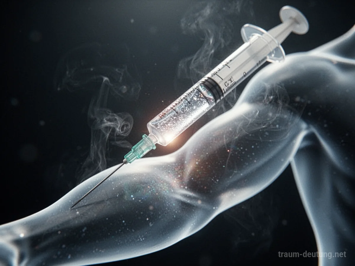 Traumdeutung Impfung: Eine medizinische Spritze mit schimmernder Flüssigkeit schwebt in einem dunklen Raum und scheint in einen leuchtenden Arm zu injizieren, umgeben von mystischem Nebel.
