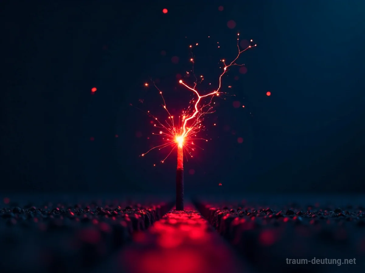 Traumsymbol Impuls: Ein einzelner, leuchtend roter elektrischer Funke schwebt in der Dunkelheit, umgeben von winzigen Staubpartikeln, die ein schwaches Leuchten reflektieren.