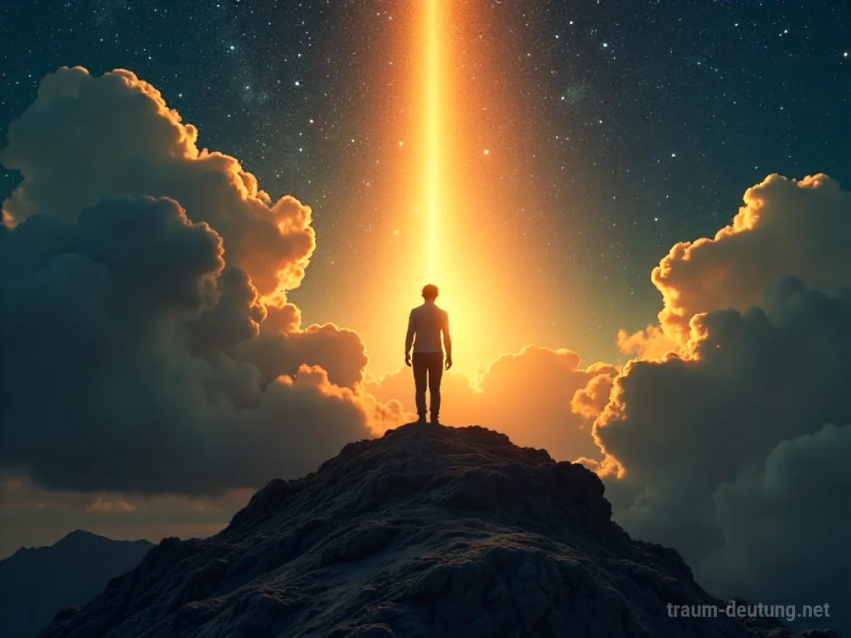 Traumsymbol Inbrunst: Eine einsame Figur auf einem Berg unter Sternenhimmel, aus deren Brust intensive goldene Lichtstrahlen brechen, die dunkle Wolken erhellen.