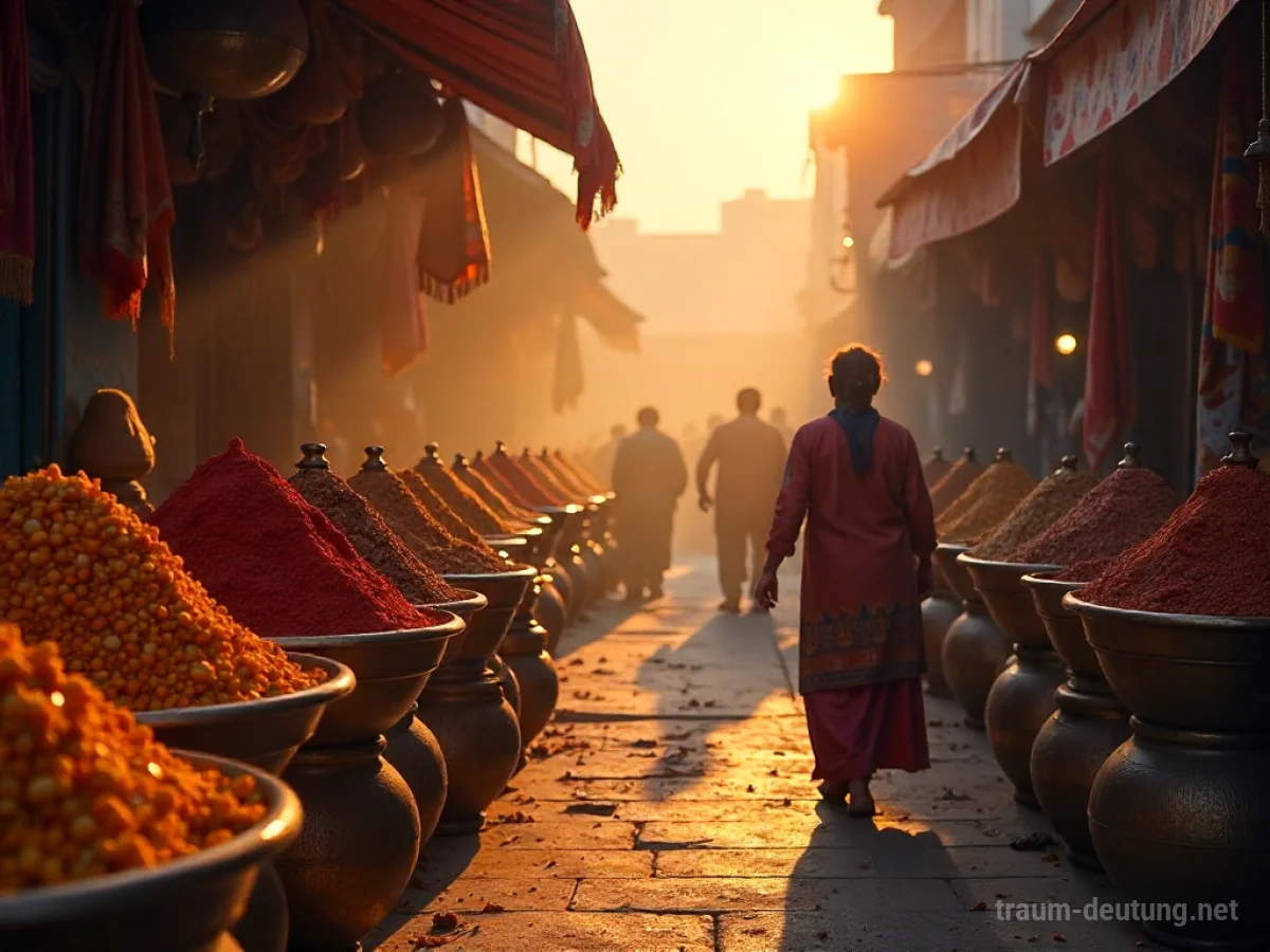Traumsymbol Indien: Ein lebhafter indischer Markt im Morgengrauen, mit bunten Stoffen, Gewürzhaufen und Messingwaren im warmen Licht.