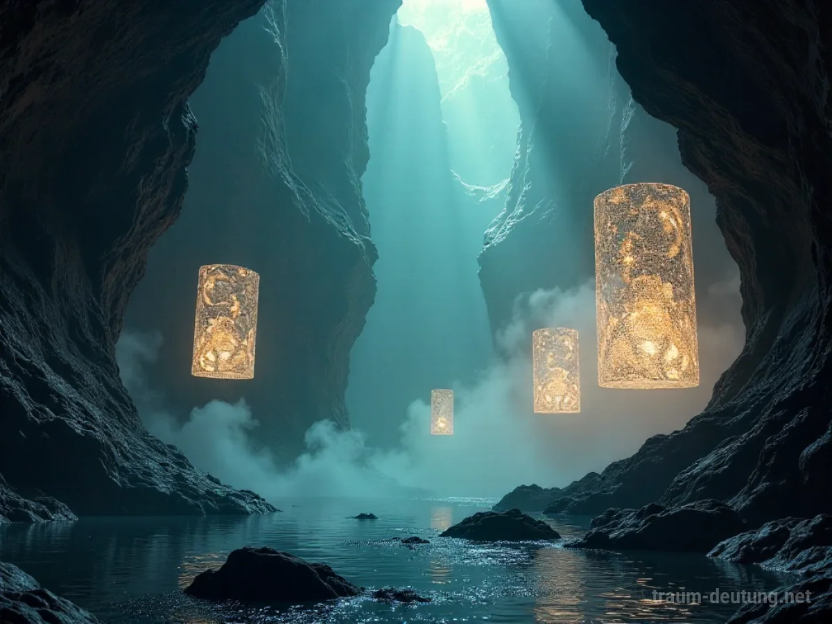 Traumsymbol Inhalt: Abstrakte, schwebende Formen in einer mysteriösen, kargen Höhle, beleuchtet von dramatischem Licht und Nebelschwaden.