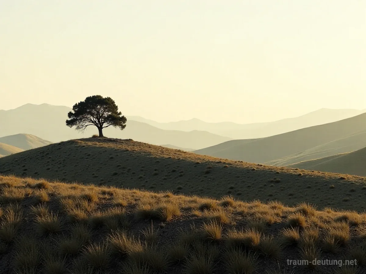 Traumsymbol Inland: Eine weite, hügelige Landschaft erstreckt sich unter einem diffusen Tageslicht, mit einem einzelnen knorrigen Baum im Vordergrund.