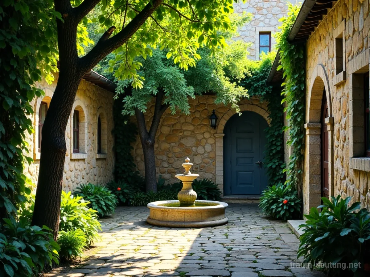 Traumsymbol Innenhof: Ein friedlicher, von alten Steinmauern umgebener Innenhof mit einem kleinen Brunnen und einem Olivenbaum im gefilterten Sonnenlicht.