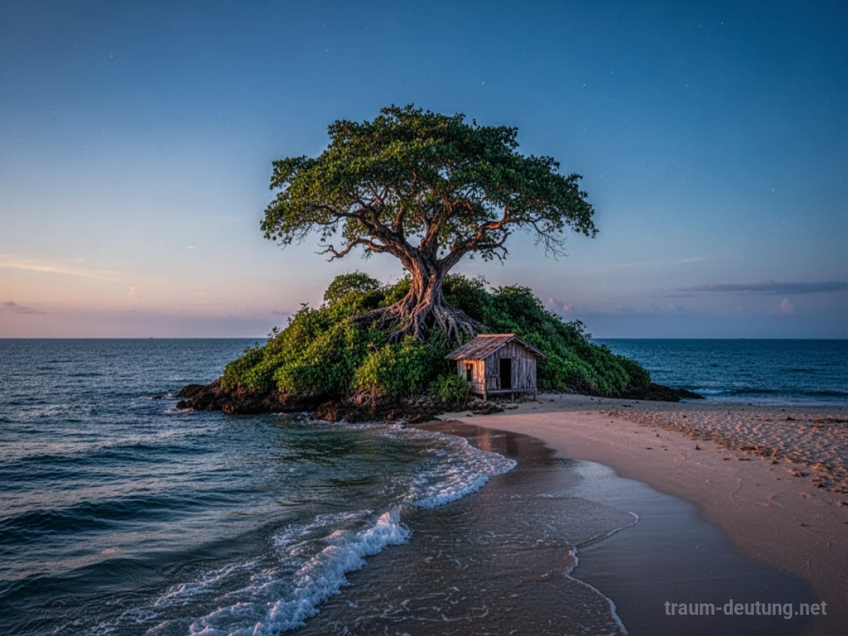 Traumsymbol Insel: Eine einsame, grüne Insel mit einem alten Baum und einer Holzhütte erhebt sich ruhig aus einem tiefblauen Ozean im sanften Licht der Dämmerung.