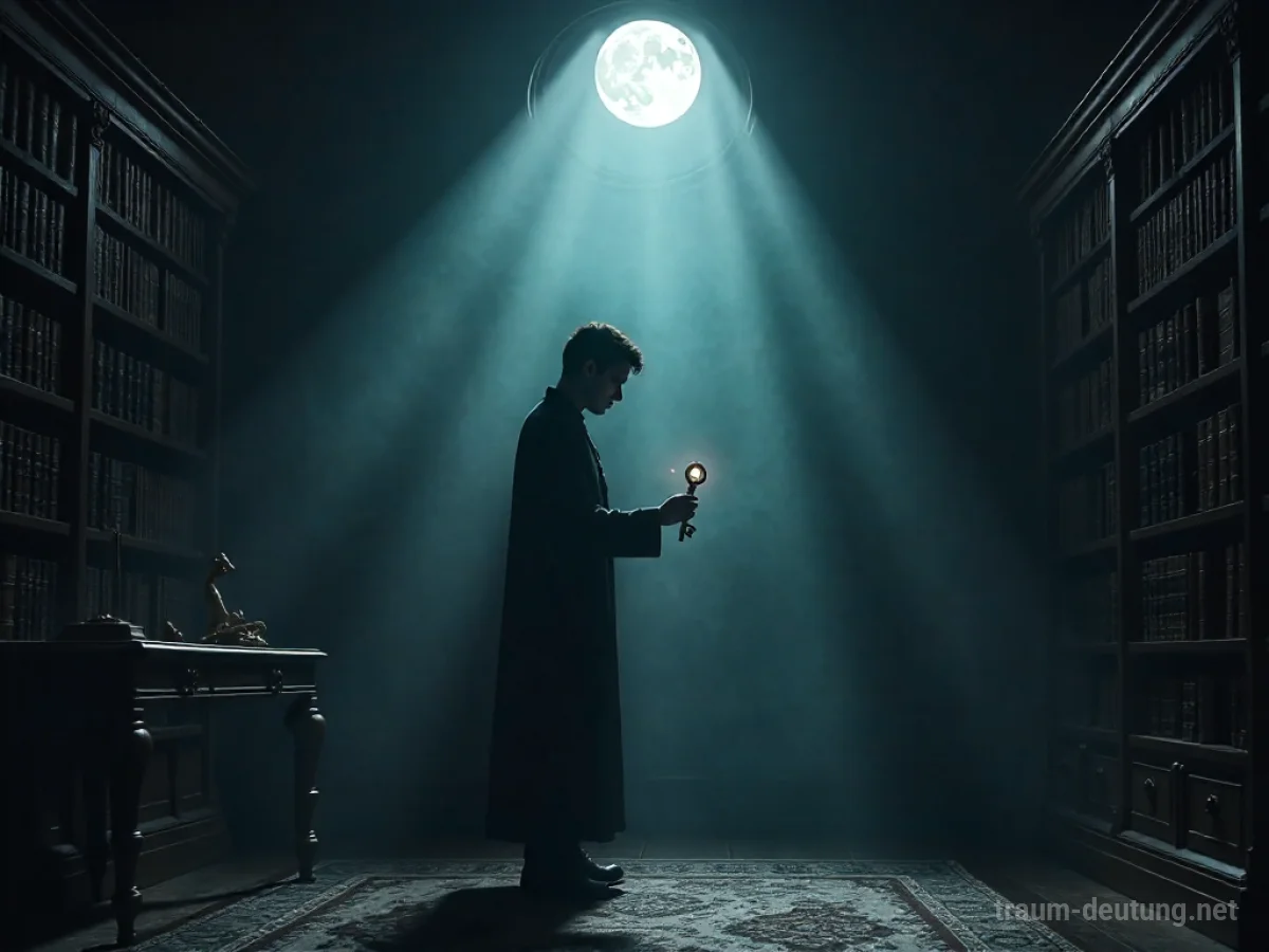 Traumsymbol Insider: Eine beschattete Figur mit einem leuchtenden Schlüssel steht in einer alten Bibliothek im Mondlicht.