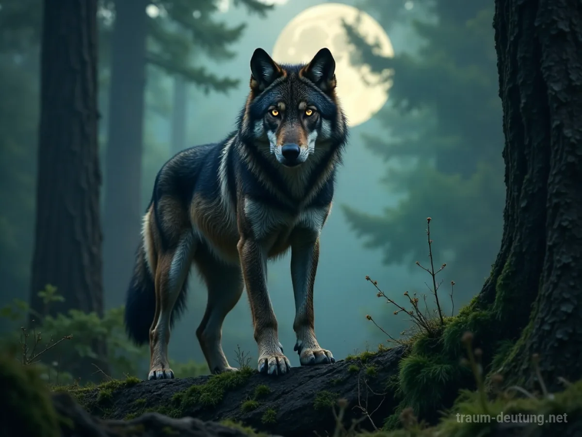 Traumsymbol Instinkt: Ein aufmerksamer Wolf mit bernsteinfarbenen Augen steht auf einem bemoosten Felsen in einem dichten Wald, beleuchtet von Mondlicht und Nebel.