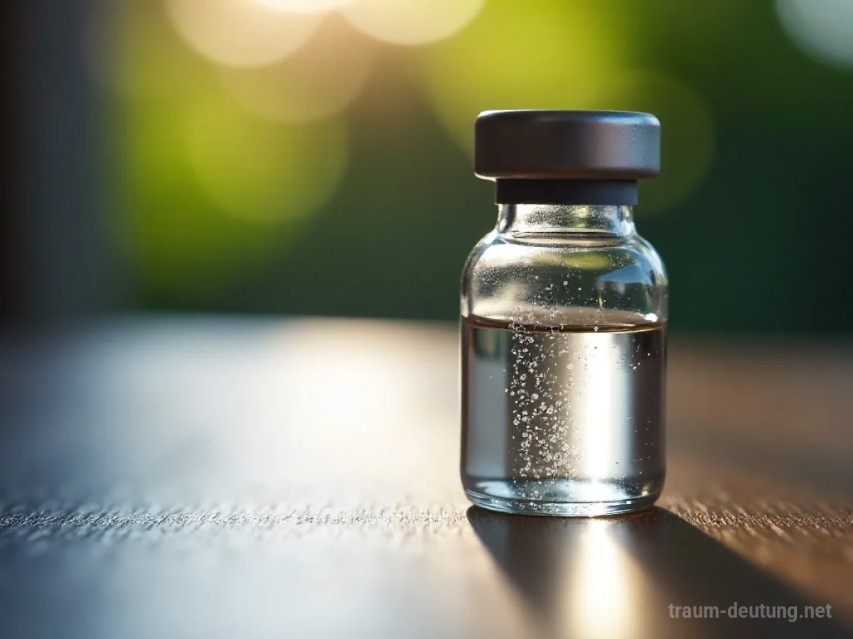 Traumsymbol Insulin: Eine klare Glasampulle mit Insulin steht auf dunklem Holz im sanften Morgenlicht.