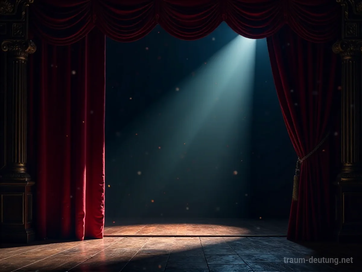 Traumsymbol Intro: Ein zart geöffneter, roter Samtvorhang auf einer dunklen Theaterbühne, beleuchtet von einem einzelnen Scheinwerfer, der in die Dunkelheit dahinter blickt.