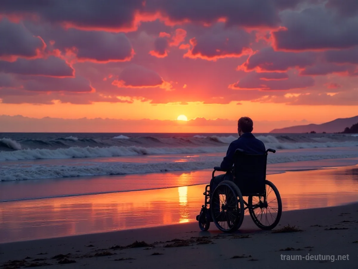 Traumdeutung Invalide: Eine einsame Person im Rollstuhl sitzt auf einem einsamen, windgepeitschten Strand bei Sonnenuntergang und blickt auf das stürmische Meer.