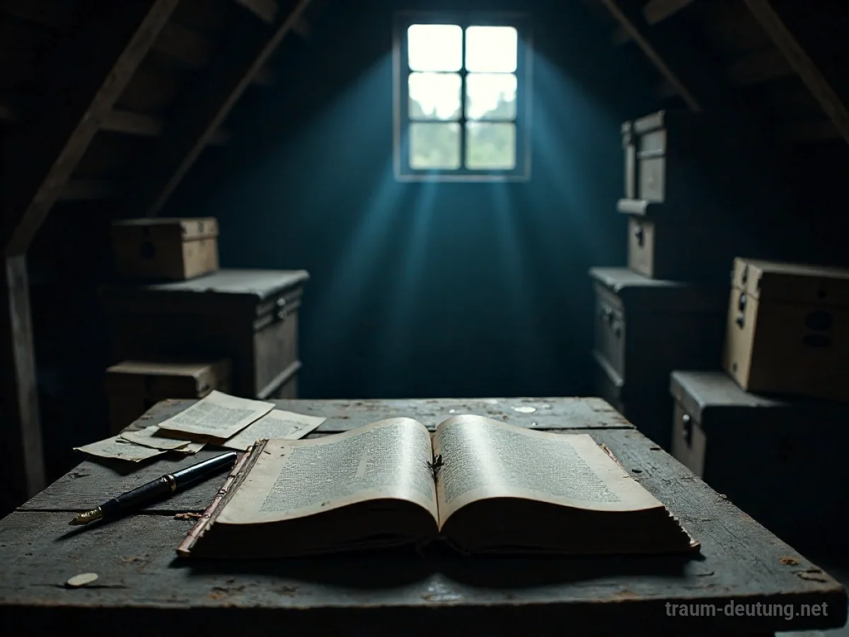 Traumdeutung Inventur: Ein staubiger Dachboden im Mondlicht mit einem offenen Buch, das eine innere Bestandsaufnahme symbolisiert.
